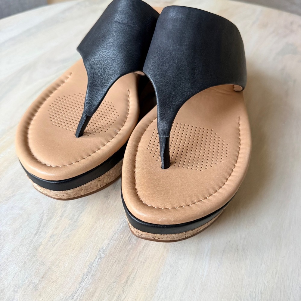 Black leather Wedge Sandals Womens 9 minimalist Cork Platform Thong summer chic - Picture 3 of 7